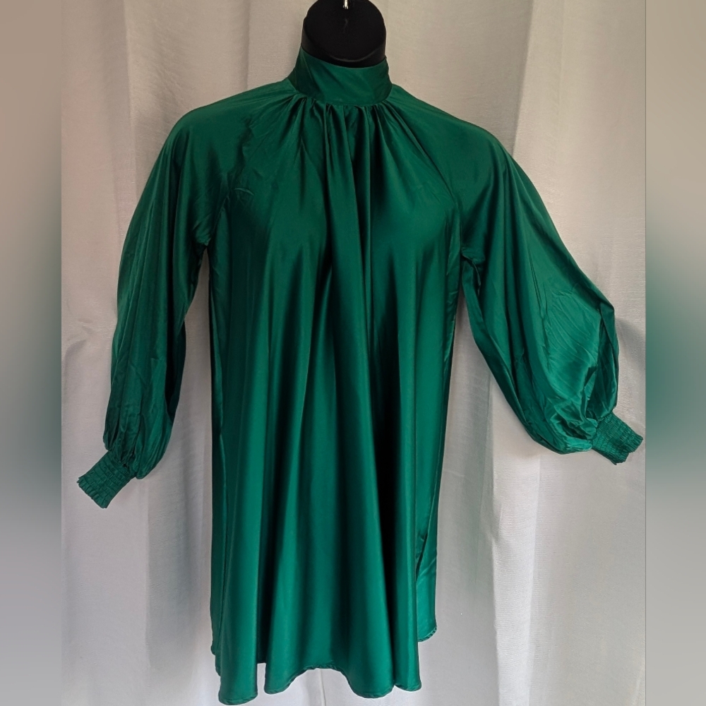 Emerald Green High Shine High tie neck Long Sleeve Flowing Aura Dress - Picture 3 of 16